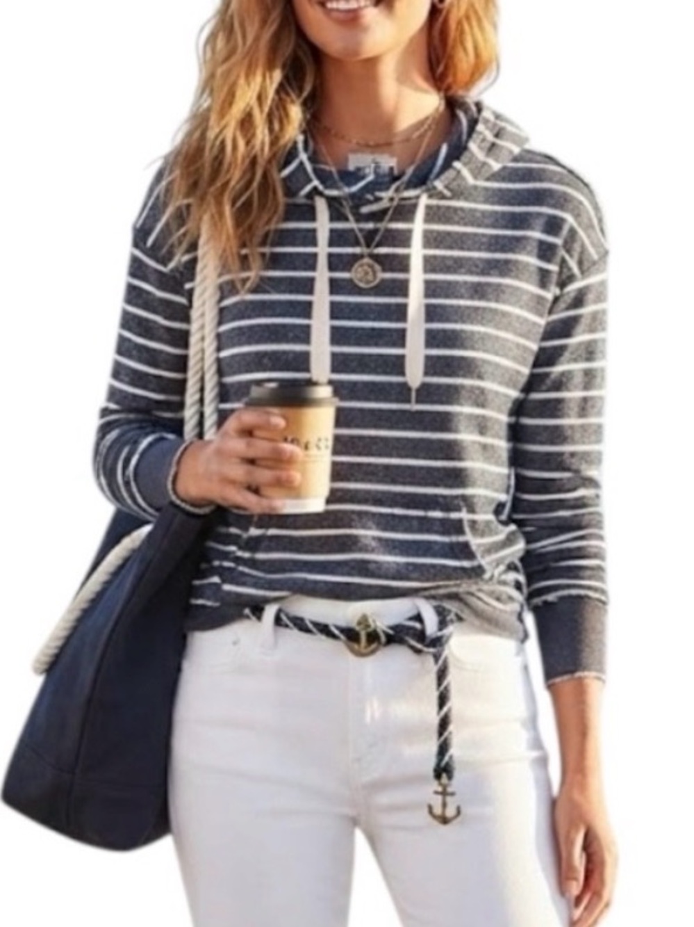 JO & CO JEANS Stripe Knit Hoodie Pullover Sweater Grey White Size S